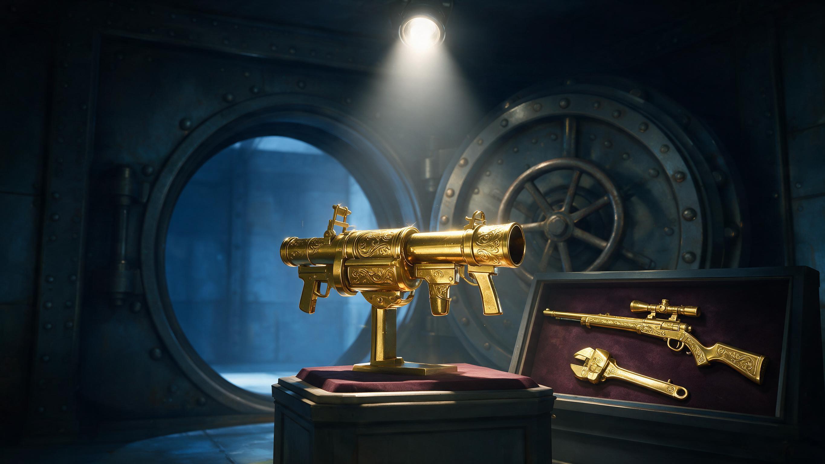 A gold-plated TF2 rocket launcher on a pedestal inside a reinforced vault