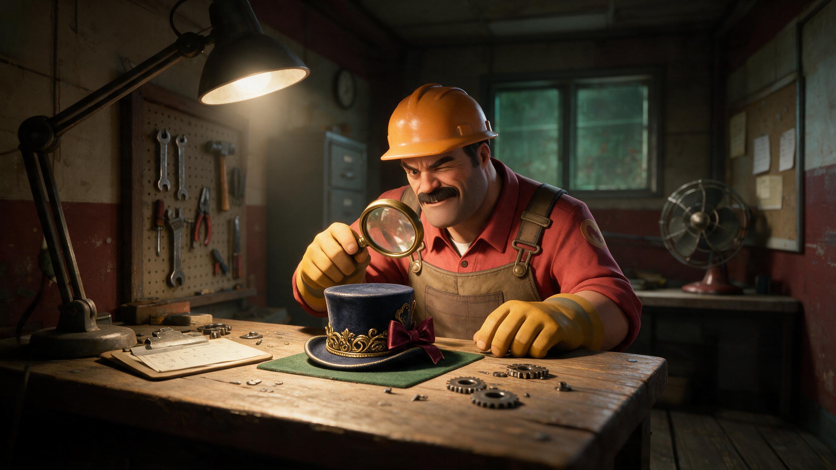 A TF2 engineer inspecting a cosmetic hat under a magnifying glass at a lit workbench