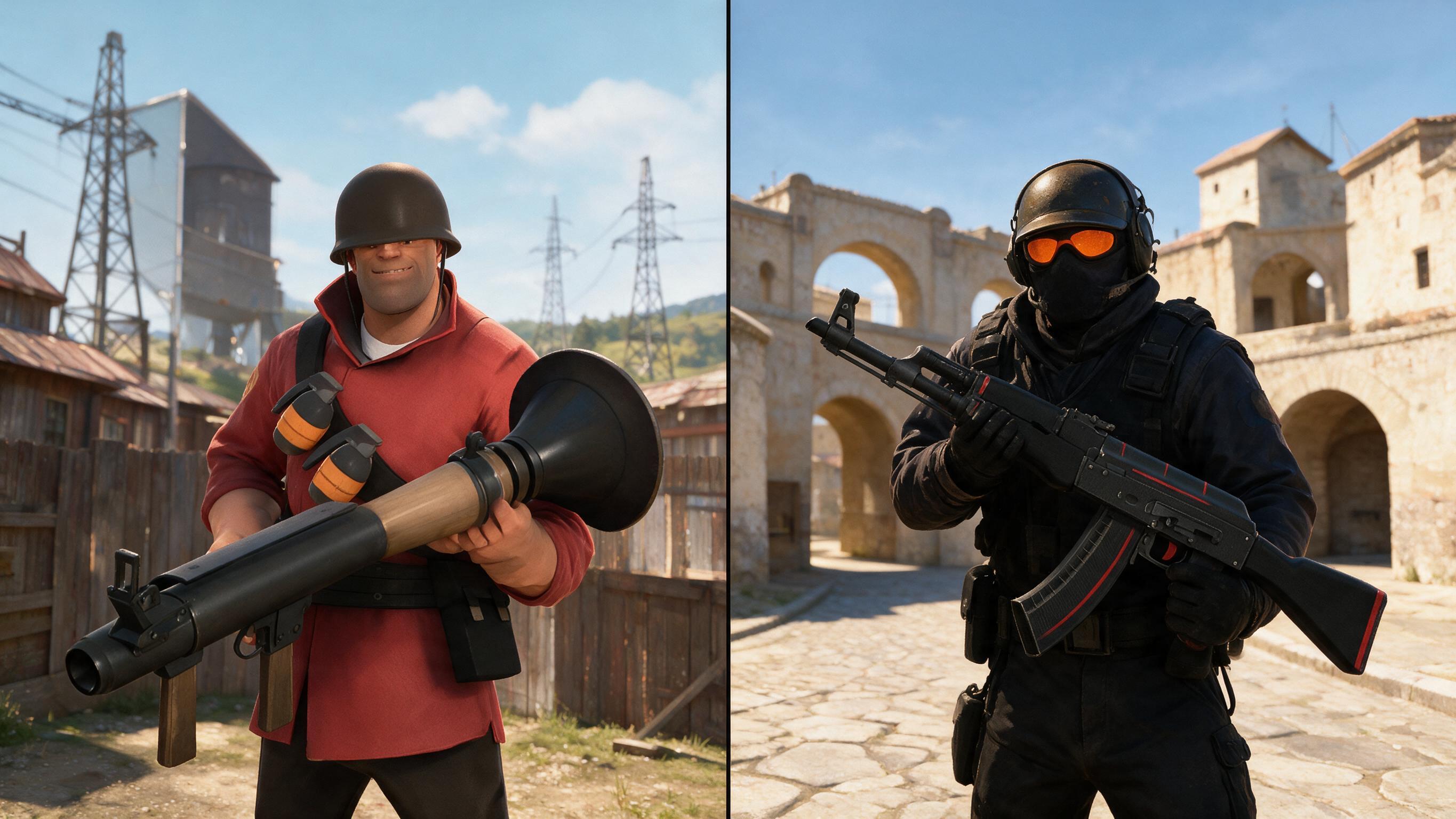 A split scene contrasting a realistic CS2 rifle with a stylised TF2 rocket launcher