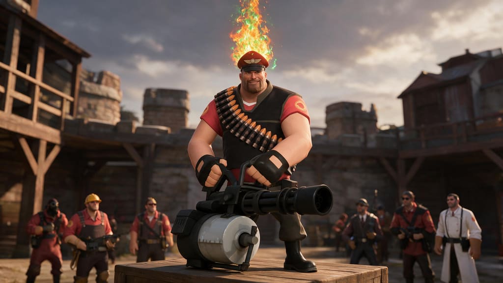 The RED Heavy on an auction plinth wearing a Team Captain cap with a Burning Flames unusual effect, the rest of the team looking on