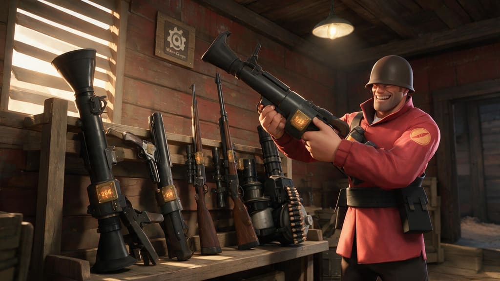 The RED Soldier lifting a rocket launcher from an armoury rack of TF2 weapons, each fitted with a brass Strange counter plate