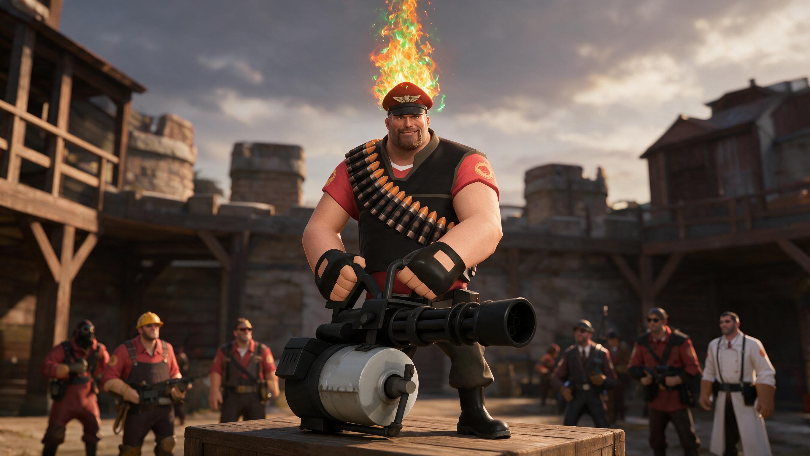An unusual TF2 hat wreathed in swirling flame particles on a display pedestal