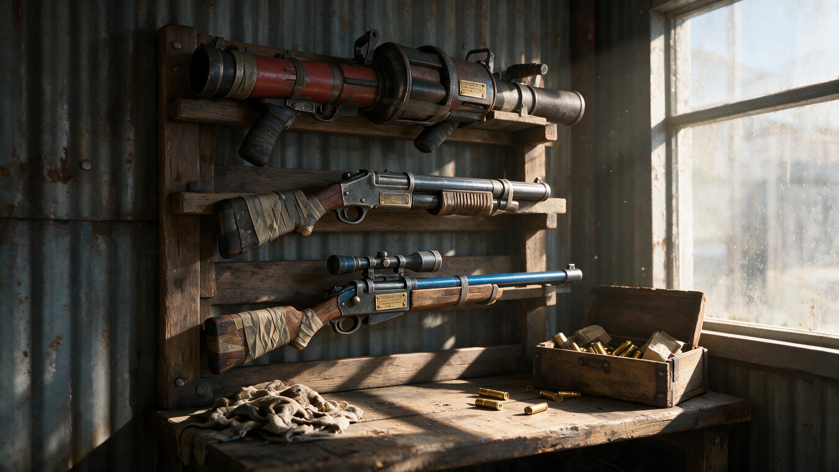 A weapon rack of TF2 weapons with brass counter plates in a RED team armoury