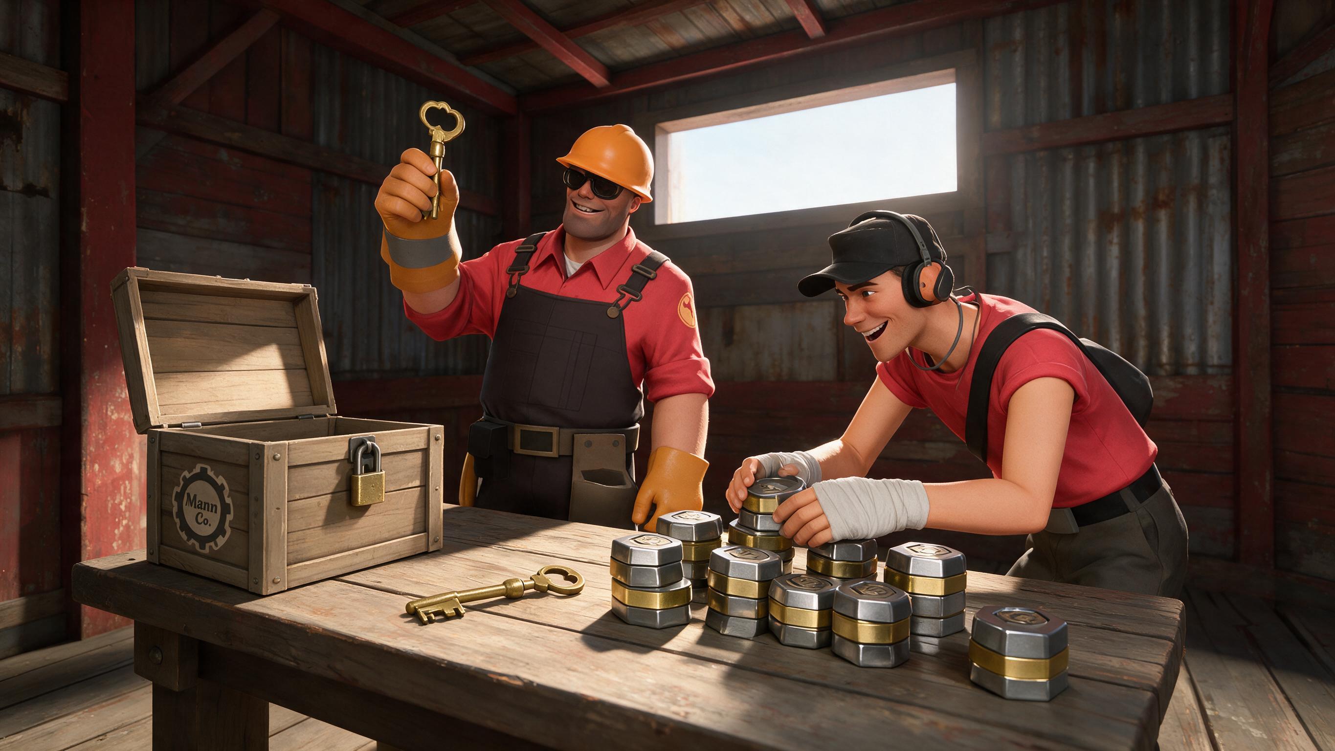 A Mann Co. supply crate key and stacks of refined metal on a workbench in a RED team depot