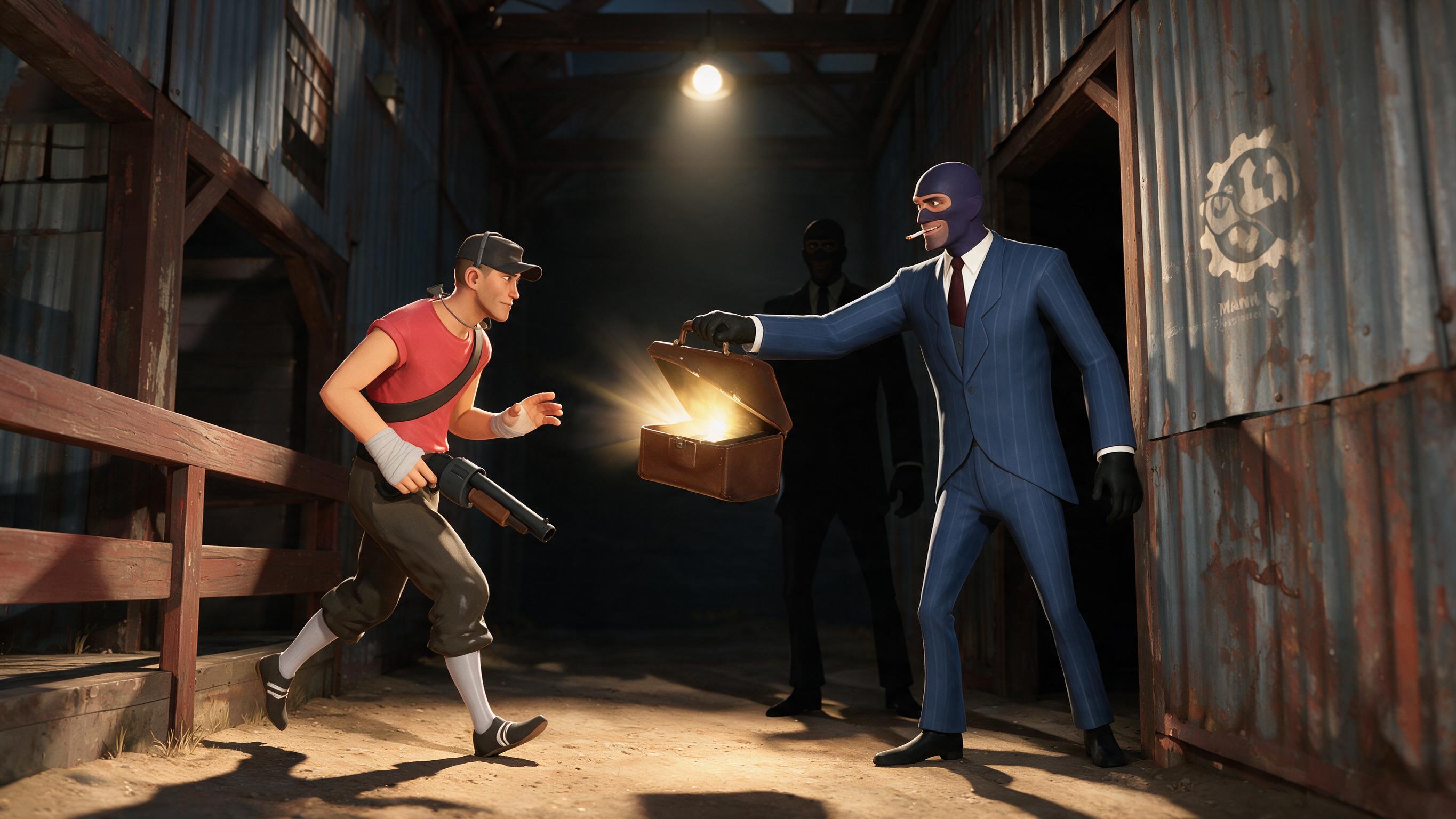A shadowy suited figure offering a glowing briefcase in an alley between warehouses