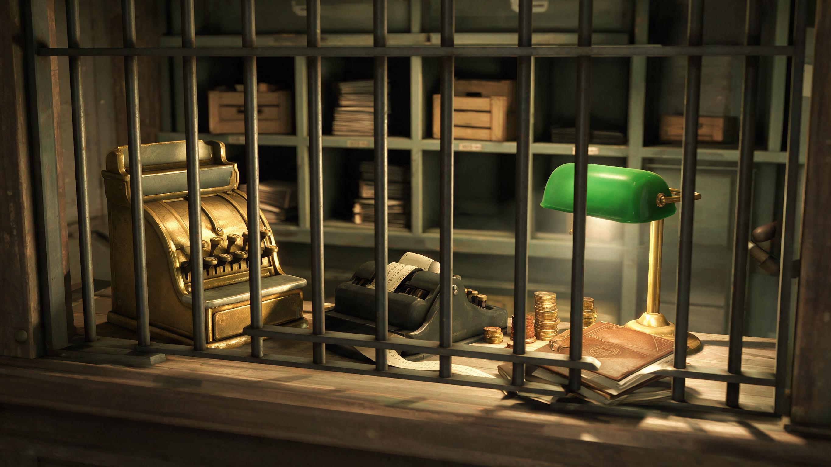 A brass cash register and adding machine behind a teller grille in an industrial paymaster office