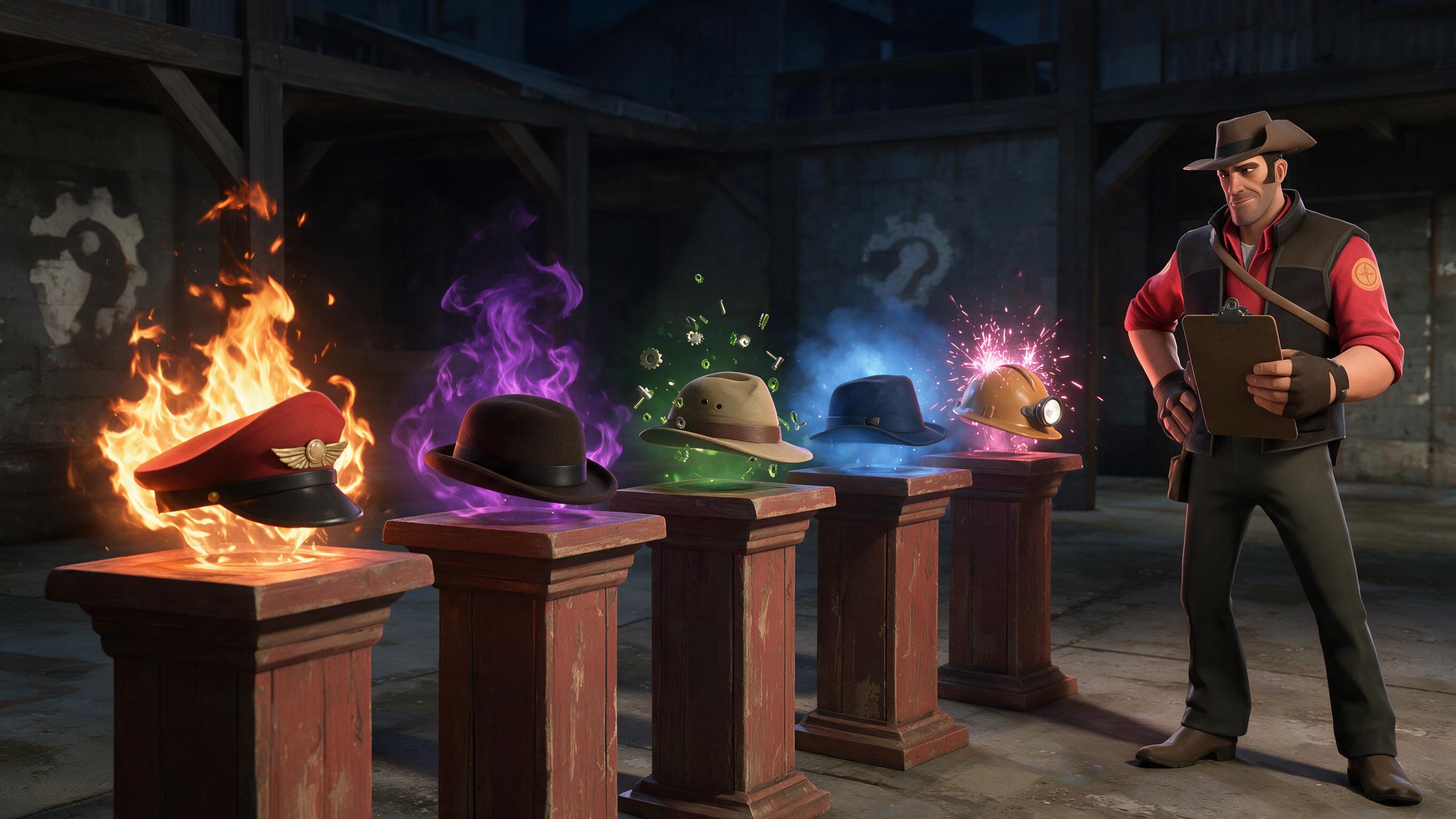 A row of TF2 hats on plinths, each surrounded by a different coloured unusual particle effect